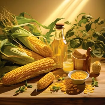 Cobs of corn in leaves, jars of oil bottles, flowers on a wooden table top. Corn as a dish of thanksgiving for the harvest. An atmosphere of joy and celebration.
