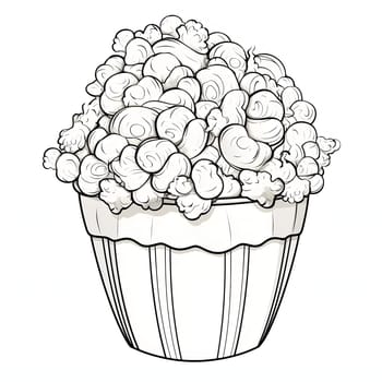 Black and White coloring book, popcorn bucket. Corn as a dish of thanksgiving for the harvest, a picture on a white isolated background. An atmosphere of joy and celebration.