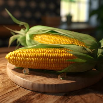 Yellow corn cobs on a round wooden kitchen board. Corn as a dish of thanksgiving for the harvest. An atmosphere of joy and celebration.