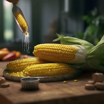 Yellow corn cobs on a wooden table top. Corn as a dish of thanksgiving for the harvest. An atmosphere of joy and celebration.