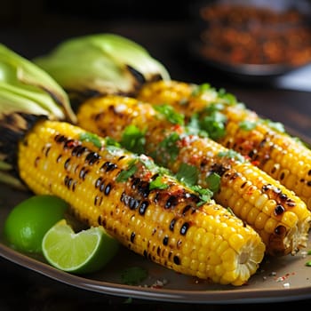 Yellow corn cobs with spices sprinkle scientific vegetable as decoration smudged background. Corn as a dish of thanksgiving for the harvest. An atmosphere of joy and celebration.