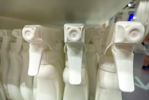 Close up of spray bottles in a shop