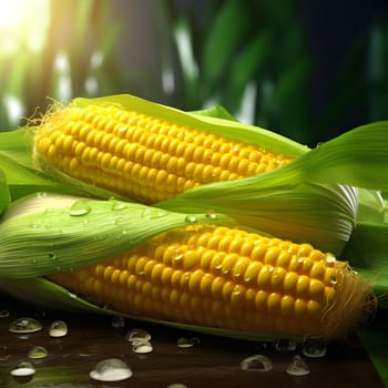 Two cobs of corn in a green leaf, and on them drops of dew, water. Corn as a dish of thanksgiving for the harvest. An atmosphere of joy and celebration.