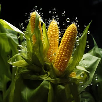 Yellow corn cobs on Green leaf around water drops, black background. Corn as a dish of thanksgiving for the harvest. An atmosphere of joy and celebration.