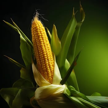 Yellow corn cob with Green leaf on green background. Corn as a dish of thanksgiving for the harvest. An atmosphere of joy and celebration.