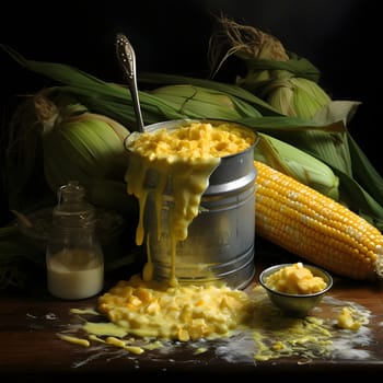 Metal container for corn paste with corn cobs in the background. Corn as a dish of thanksgiving for the harvest. An atmosphere of joy and celebration.