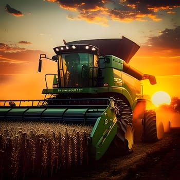 Combine during harvest, sunset. Corn as a dish of thanksgiving for the harvest. An atmosphere of joy and celebration.