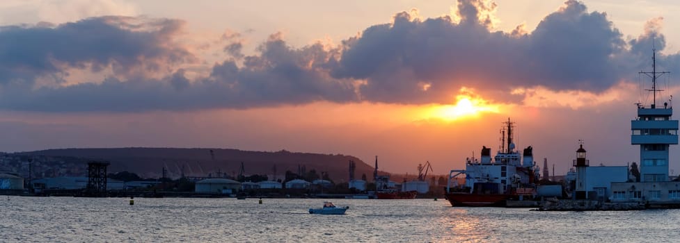 Stunning sunset panorama of port, Varna, Bulgaria