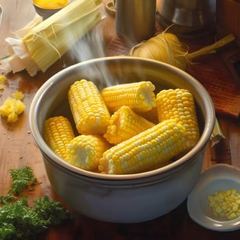 Yellow corn cobs in a bowl with kernels. Corn as a dish of thanksgiving for the harvest. An atmosphere of joy and celebration.