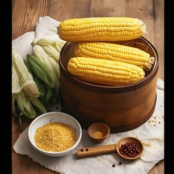 Yellow corn cobs on a wooden bucket. Corn as a dish of thanksgiving for the harvest. An atmosphere of joy and celebration.