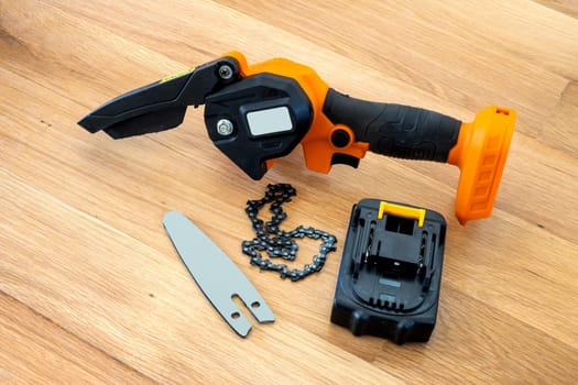 metal chain, bar and small accumulator chainsaw to trim broken branches of a tree 