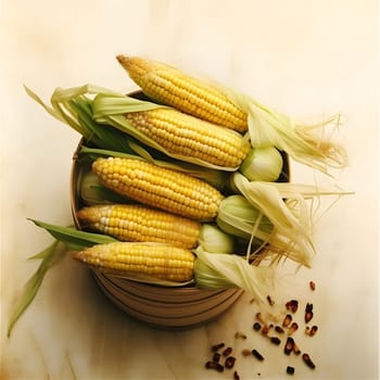 Yellow corn cobs on a wooden bucket. Corn as a dish of thanksgiving for the harvest. An atmosphere of joy and celebration.