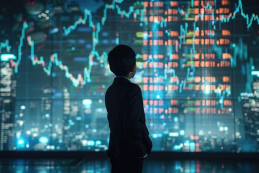 wide view stock market graph growthing up on digital wall and full body Kid Businessman in suit