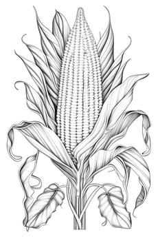 Black and White coloring book two corn cobs surrounded by leaves. Corn as a dish of thanksgiving for the harvest, a picture on a white isolated background. An atmosphere of joy and celebration.