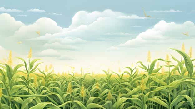 Endless corn field and sky with clouds., banner with space for your own content. Blurred background. Blank space for caption.