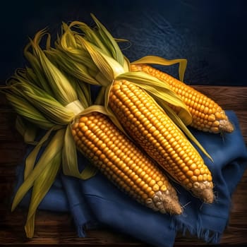 Three corn cobs with leaves on navy blue fabric, wooden boards. Corn as a dish of thanksgiving for the harvest. An atmosphere of joy and celebration.
