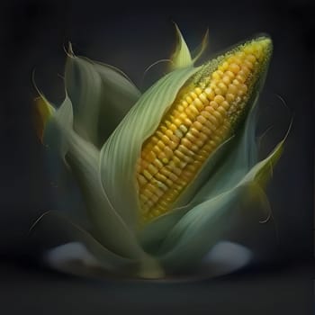 Illustration of corn cob in green leaf on dark background. Corn as a dish of thanksgiving for the harvest. An atmosphere of joy and celebration.