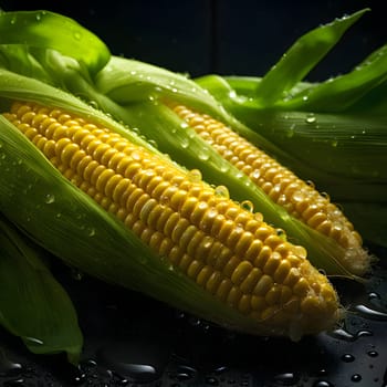 Yellow corn cobs in Green Leaves, and on them drops of dew, rain. Corn as a dish of thanksgiving for the harvest. An atmosphere of joy and celebration.