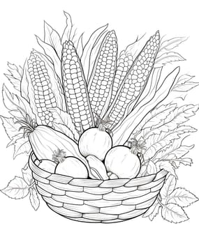 Black and White coloring book wicker basket, full of vegetables, fruits leaves, corn cobs. Corn as a dish of thanksgiving for the harvest, a picture on a white isolated background. An atmosphere of joy and celebration.