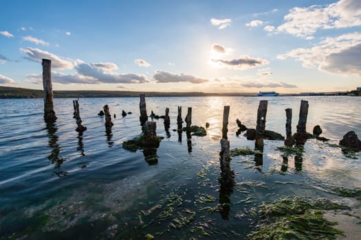 Old timber pillars protruding from the water against the sunset sky