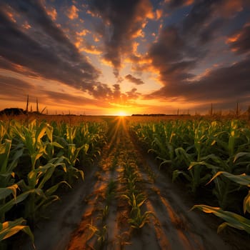 A path in a corn field at sunset or sunrise. Corn as a dish of thanksgiving for the harvest. An atmosphere of joy and celebration.