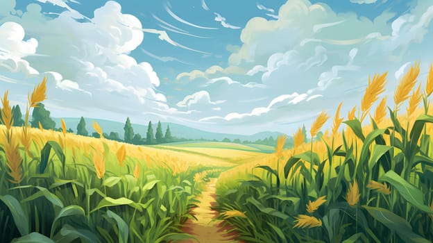 Endless corn field and sky with clouds., banner with space for your own content. Blurred background. Blank space for caption.