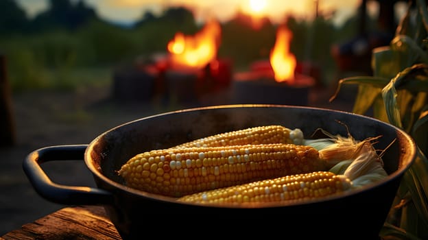 Cobs of corn in a metal pot on a wooden top prepared for the campfire seen in the background. Corn as a dish of thanksgiving for the harvest. An atmosphere of joy and celebration.