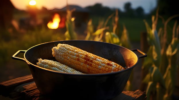 Cobs of corn in a metal pot on a wooden top prepared for the campfire seen in the background. Corn as a dish of thanksgiving for the harvest. An atmosphere of joy and celebration.