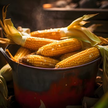 Cobs of corn in a pot. Corn as a dish of thanksgiving for the harvest. An atmosphere of joy and celebration.