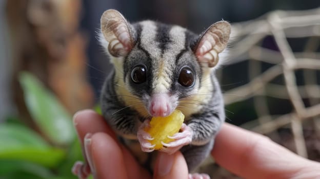 A close-up shot of a sugar glider perched on a finger, its tiny hands gripping a piece of fruit