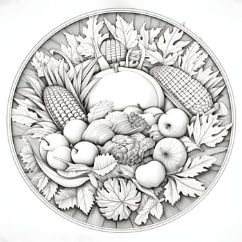 Black and White illustration of vegetables fruit leaves in a circle. Corn as a dish of thanksgiving for the harvest, a picture on a white isolated background. An atmosphere of joy and celebration.