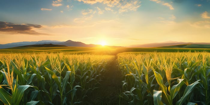 Photo on stretching corn field of meadows, trees, mountains, sunset or sunrise. Corn as a dish of thanksgiving for the harvest. An atmosphere of joy and celebration.