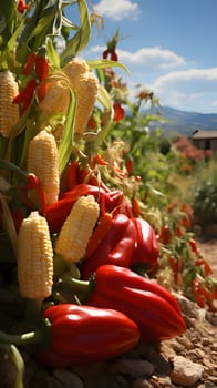 Plants with corn cobs and red bell pepper field. Corn as a dish of thanksgiving for the harvest. An atmosphere of joy and celebration.