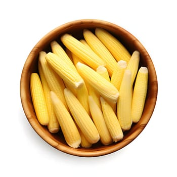 Top view of a bowl full of yellow corn cobs. Corn as a dish of thanksgiving for the harvest, a picture on a white isolated background. An atmosphere of joy and celebration.