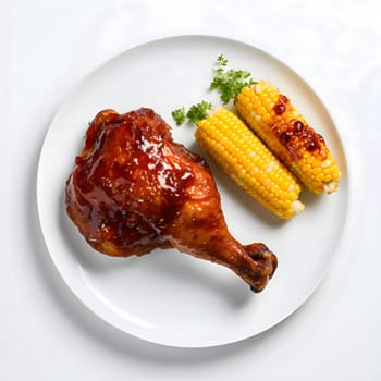Top view of a plate with a roasted chicken thigh and two cobs of corn on it. Corn as a dish of thanksgiving for the harvest, a picture on a white isolated background. An atmosphere of joy and celebration.