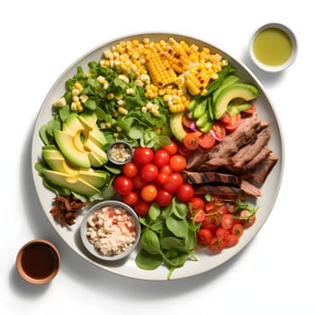 Top view of a full plate of food, with corn cobs, tomatoes, avocado, lettuce on it. Corn as a dish of thanksgiving for the harvest, a picture on a white isolated background. An atmosphere of joy and celebration.