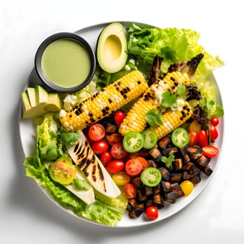 Top view of a full plate of food, with corn cobs, tomatoes, avocado, lettuce on it. Corn as a dish of thanksgiving for the harvest, a picture on a white isolated background. An atmosphere of joy and celebration.