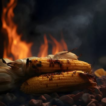 Yellow corn cobs against a background of fire flames. Corn as a dish of thanksgiving for the harvest. An atmosphere of joy and celebration.