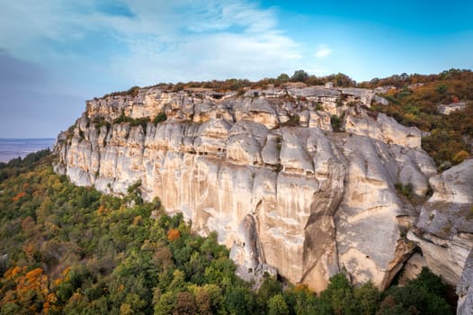 Towering cliffs in National Historical and Archaeological Reserve Madara. Thracian and roman fortress in Madara, near Shumen, Bulgaria.