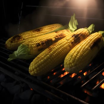 Yellow corn cobs on the grill. Corn as a dish of thanksgiving for the harvest. An atmosphere of joy and celebration.