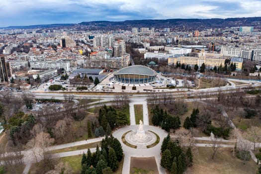 Aerial view to Landmarks, the Pantheon,Palace of Culture and Sports and  Nikola Vaptsarov Naval Academy