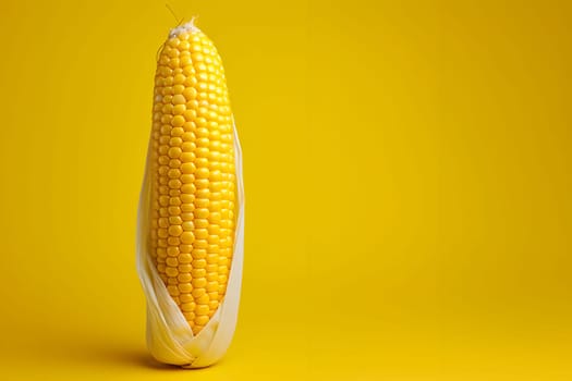 Standing on the side of the corn cob on a bright yellow and orange background., banner with space for your own content. Blurred background. Blank space for caption.