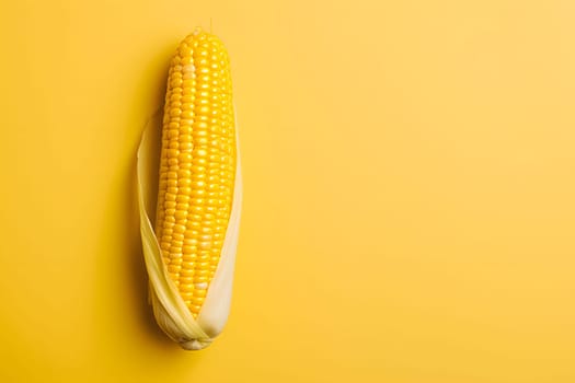 Lying on the side of the corn cob on a bright yellow-orange background., banner with space for your own content. Blurred background. Blank space for caption.