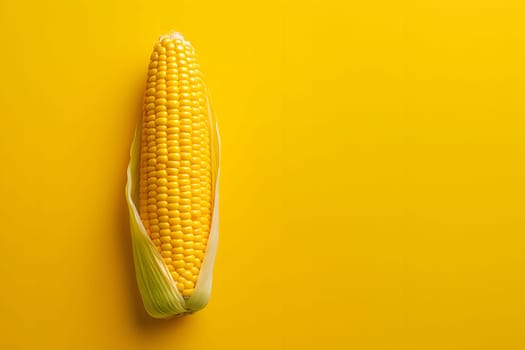 Lying on the side of the corn cob on a bright yellow-orange background., banner with space for your own content. Blurred background. Blank space for caption.