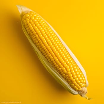 Lying on the side of the corn cob on a bright yellow-orange background., banner with space for your own content. Blurred background. Blank space for caption.