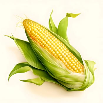Yellow corn cob in green leaf illustration on light isolated background. Corn as a dish of thanksgiving for the harvest. An atmosphere of joy and celebration.