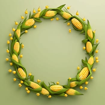 Illustration of a weir braided with corn cobs on a light green background. Corn as a dish of thanksgiving for the harvest. An atmosphere of joy and celebration.