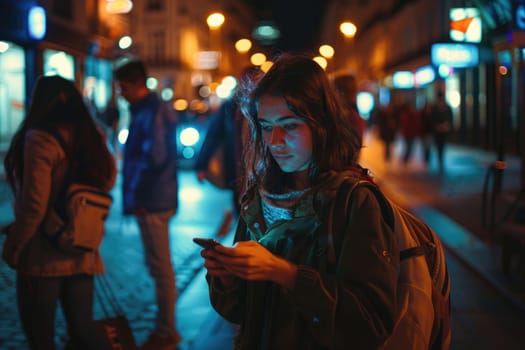 people on street,time of night, addicted to phone. Internet addition concept