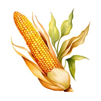 Yellow corn cob with leaf, illustration. Corn as a dish of thanksgiving for the harvest, a picture on a white isolated background. An atmosphere of joy and celebration.