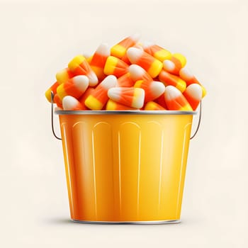 Bucket with corn kernels. Corn as a dish of thanksgiving for the harvest, a picture on a white isolated background. An atmosphere of joy and celebration.